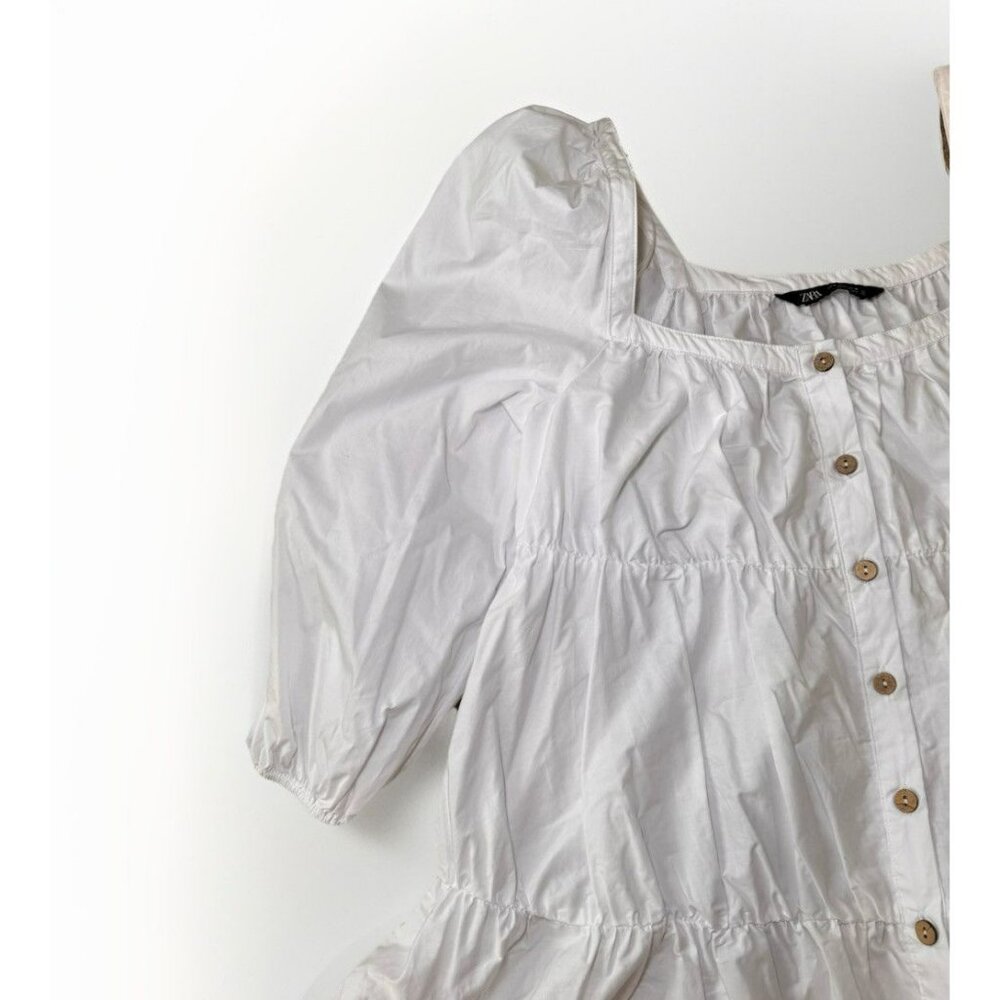 Zara White Tiered Babydoll Mini Dress M Puff Sleeve Button Front Cottagecore - Picture 5 of 9